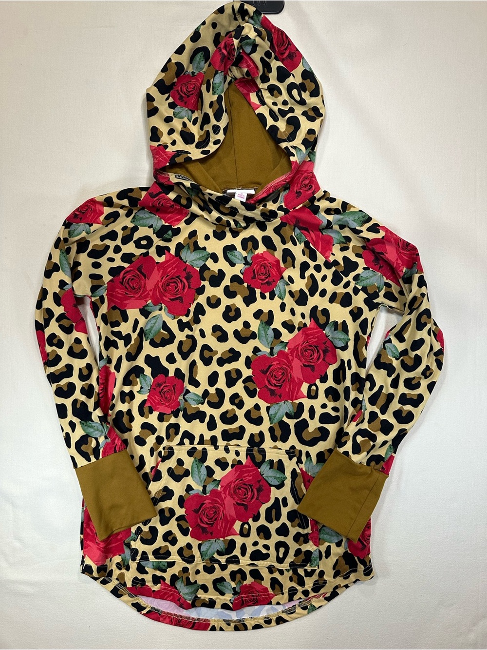 LuLaRoe Amber Lightweight Hoodie - Leopard & Red Roses Small
